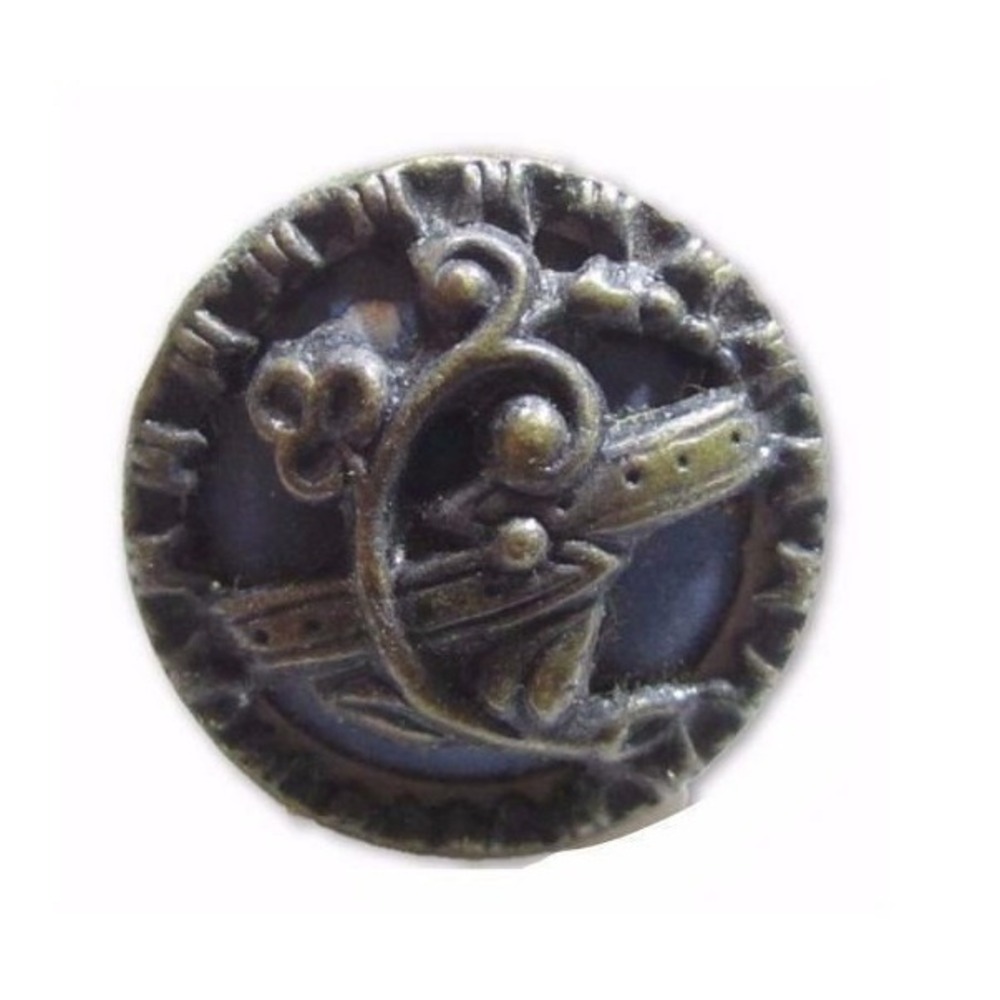Ornate Old Victorian Brass Flower On Blue Enamel? Antique Metal Button*14mm